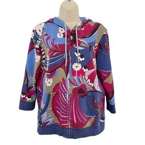 Vintage Lucky Brand Woman's Sz M Asian Floral Print Y2K Full Zip Hoodie RARE